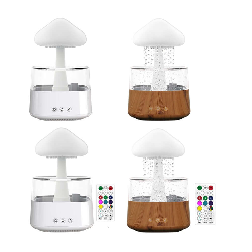 four white mushroom rain air humidifiers with wood and remotes 