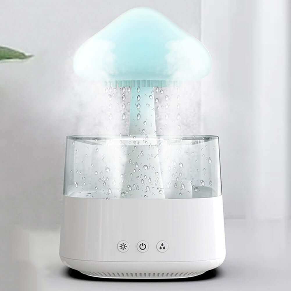 White Mushroom Rain Humidifier in mist mode